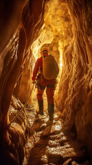A speleologist makes his way through a narrow cave passage, diffused light highlighting textures.