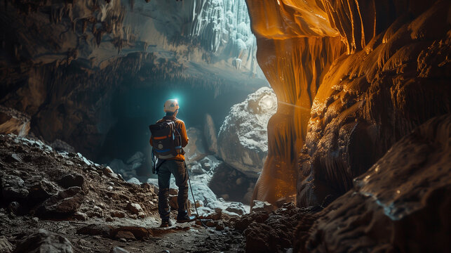 A speleologist explores a large cave, illuminated by a headlamp, and the rugged cave formations around it.