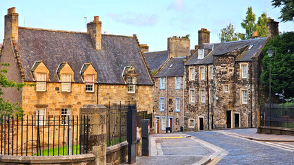 Fototapeta premium Beautiful old stone houses in the historic old town of Sterling, Scotland, UK at sunset