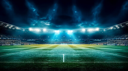 A soccer field with a bright blue sky in the background. The field is lit up with bright lights,...
