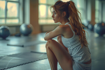 young  woman in sportwear doing sport exercises at gym fitness with sweaty face. Sports training...