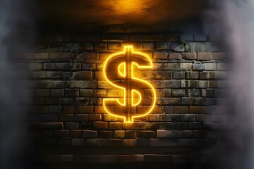 Simbolo de dinero, lampara de luz neon amarilla en una pared de ladrillos obscura. Imagen con...