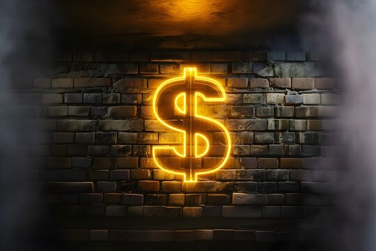 Simbolo de dinero, lampara de luz neon amarilla en una pared de ladrillos obscura. Imagen con espacio para copiar,  finanzas