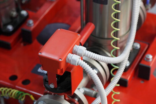 Electric plug and socket red distribution box with cables - connection of fire protection systems - fire fighting equipment for firefighting system