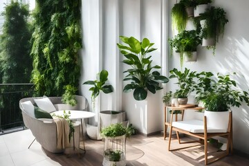 Modern balcony sitting area decorated with green plant - obrazy, fototapety, plakaty
