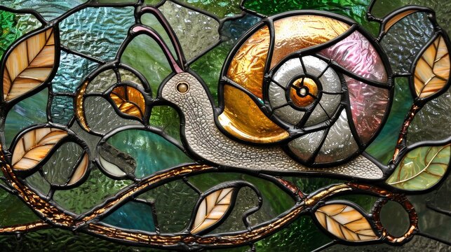 Artistic stained glass snail with vibrant colors, set against a leafy background, showcasing craftsmanship and beauty.