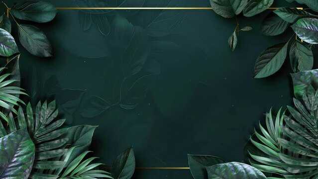 Exquisite seamless looping animation featuring elegant forest plant leaves against a dark green background bordered with gold.