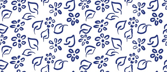 Seamless abstract botanical pattern. Blue flowers, leaves on white background. Digital brush strokes. Design for textile fabrics, wrapping paper, background, wallpaper, cover.