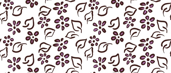 Seamless abstract botanical pattern. Purple flowers on white background. Digital brush strokes. Design for textile fabrics, wrapping paper, background, wallpaper, cover.