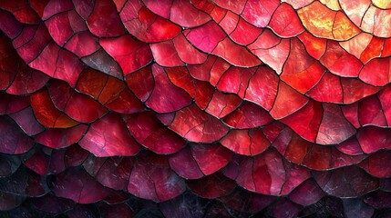 Close-up of an abstract mosaic with overlapping red and purple stained glass pieces, resembling fish scales in texture. - obrazy, fototapety, plakaty
