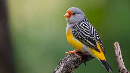 Naklejka premium Male evening grosbeak (Coccothraustes vespertinus) posing on a branch.