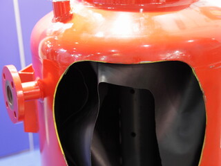 Diaphragm-type bladder pressure hydraulic accumulator inside view for storage of fluid under...