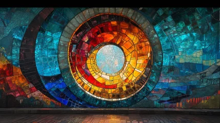 Foto auf Alu-Dibond Abstract stained glass mosaic with a spiraling design, blending warm and cool tones, displayed as contemporary wall art. © soysuwan123