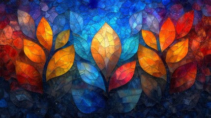 A vibrant collection of autumn leaves depicted in a stained glass art style, with a mosaic of rich, warm colors. - obrazy, fototapety, plakaty