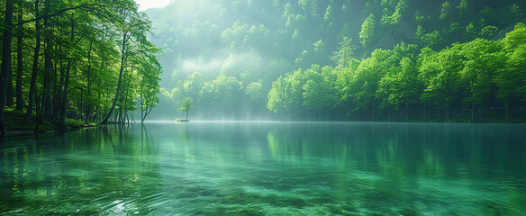 The emerald green lake water reflects the lush forest, creating an enchanting scene of tranquility and beauty. Created with Ai - obrazy, fototapety, plakaty