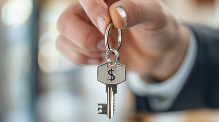 Businessman Holding Key with Dollar Sign Keychain