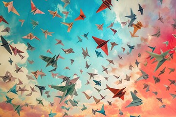 Hundred paper airplanes soaring gracefully through a vividly painted sky, creating a stunning visual representation of freedom and exploration. - obrazy, fototapety, plakaty