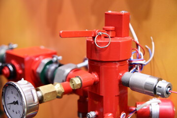 Modern Industrial Red Fire Hydrant with Pressure Gauge Valve and Faucet - fire fighting equipment...