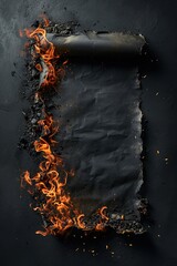 Scorched scroll or piece of paper, with remnants of ashes and burned edges, symbolizing the fragility of information and the destructive potential of fire. - obrazy, fototapety, plakaty
