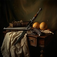Symbolic clash between a medieval dagger and modern firearms, arranged in a carefully composed still life. The warm, muted tones draw inspiration from classical oil paintings.