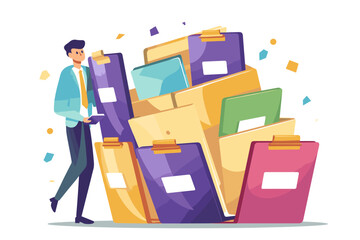File Organization Concept - Businessman Arranging Documents into Archive Folders, Administration Work. File Management, Indexing, Paperwork Storage. Creative Vector Illustration for Web Banner, Ad.