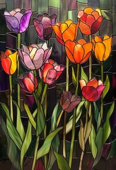 A stained glass window showcases a garden of tulips in an array of colors, blending art with the natural beauty of flowers.