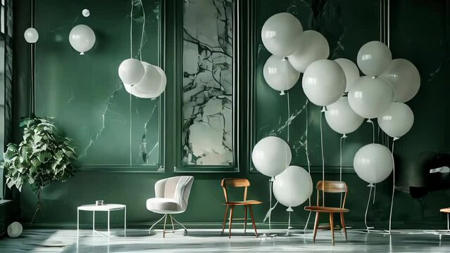 Green living room interior with green walls, concrete floor, white armchairs and balloons.