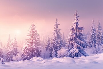 Naklejka premium Idyllic winter landscape with snowcapped trees at sunrise