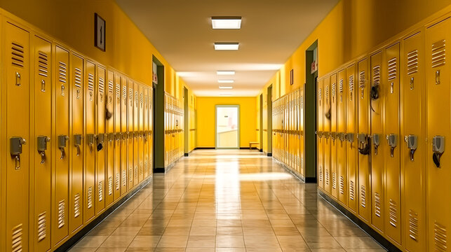 A hallway with yellow lockers and a light shining on the floor