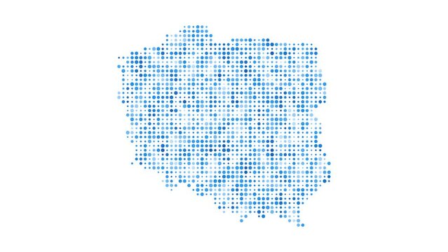 Poland dotted digital map. Map of Poland with pulsating colored circles. Shape of the country filled with blue disks. Vibrant video.