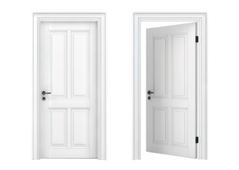 Two white panel doors, one closed and one open, cut out