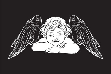 Cherub cute winged curly smiling baby boy angel isolated over black background. Hand drawn design vector illustration