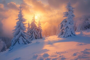 Idyllic winter landscape with snowcapped trees at sunrise