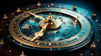 Naklejka premium An up-close image of an ornate golden antique pocket watch with a blue starry night sky and golden hands. The watch is isolated on a solid black background.