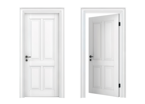 Two white panel doors, one closed and one open, cut out