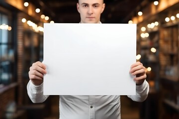 A man standing with a clean white sheet of paper in his hands. space for copying. - obrazy, fototapety, plakaty