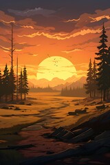 Sunset Painting With Foreground Trees