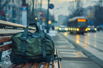 Fototapeta premium Large suspicious bag left unattended at a bus station, concept of terrorism, potential terrorist attacks, and caution regarding unattended items. Buses and commuters in background
