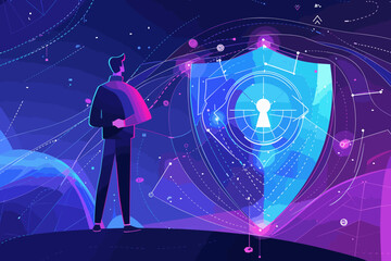 Fortifying digital defenses: Cyber security expert wields protective shield to safeguard computer networks from online threats, attacks, and breaches, ensuring data privacy through robust encryption.