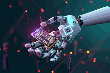 Generative AI chatbot with robotic hand holding processor chip, deep learning technology generating automatic answers and output, machine learning and artificial intelligence communication concept.