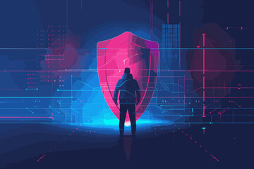 Fortifying digital defenses: Cyber security expert wields protective shield to safeguard computer networks from online threats, attacks, and breaches, ensuring data privacy through robust encryption. - obrazy, fototapety, plakaty