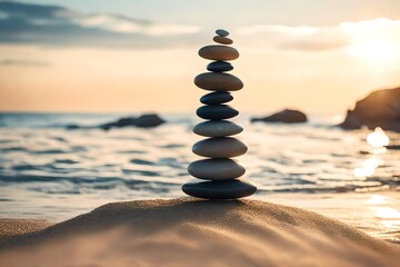 Fototapeta na wymiar Stack of balancing pebble stones on sand and water edge