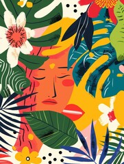 Fototapeta na wymiar A painting depicting the face of a woman surrounded by vibrant tropical leaves, creating a striking contrast