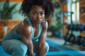 Black African American woman in sportwear doing sport exercises at gym fitness with sweaty face. Sports training equipment workout