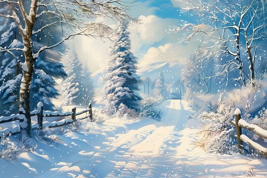 Idyllic winter scene with footpath in the snow 