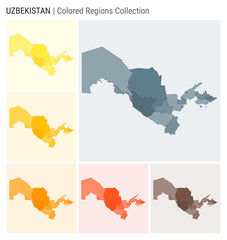 Uzbekistan map collection. Country shape with colored regions. Blue Grey, Yellow, Amber, Orange, Deep Orange, Brown color palettes. Border of Uzbekistan with provinces for your infographic.