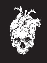 Human heart and skull anatomical hand drawn line art flash tattoo or print design vector illustration.