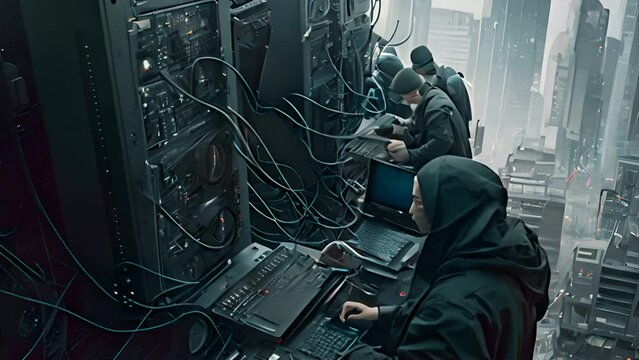 Group of Teenage Hackers Attacking Cyber Security Servers from Their Underground Hideout. Place Has Dark Atmosphere, Multiple Displays, Cables Everywhere. High quality illustration