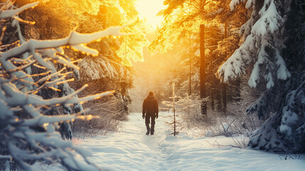 A traveler holds a path through a winter forest, a peaceful morning, soft sunlight streaming through the trees