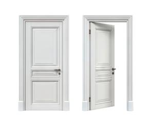 Two white panel doors, one closed and one open, cut out